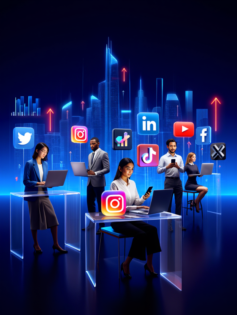 A futuristic digital workspace showing diverse professionals using devices, with holographic icons of major social media platforms like Instagram, LinkedIn, TikTok, and YouTube, symbolizing business growth opportunities in 2025.