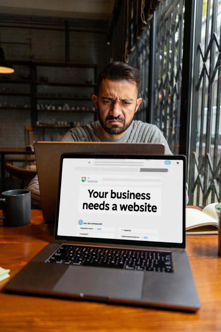 Confused business owner looking at a blank search result with “Your business needs a website” text on laptop screen, highlighting the lack of online presence.