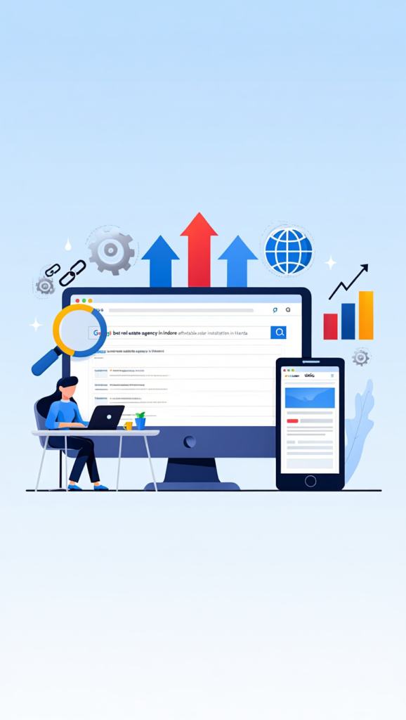 Illustration showing SEO concept with a Google search page, keywords like 'best real estate agency in Indore' and 'affordable solar installation in Harda', surrounded by SEO icons such as backlinks, graphs, and gears, representing digital marketing optimization.