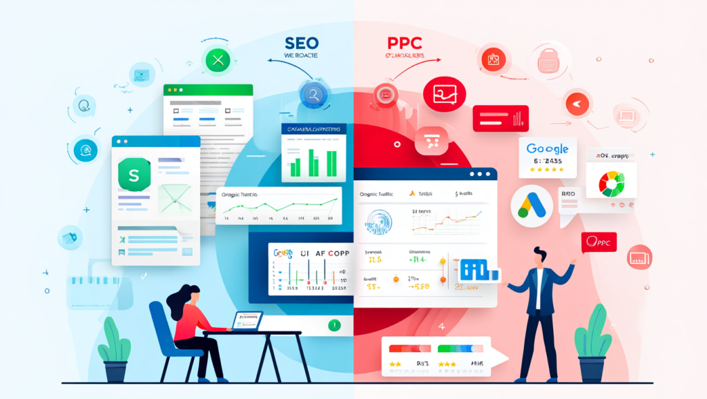 Illustration comparing SEO and PPC strategies in digital marketing. The left side shows a woman working on SEO with graphs, website content, and organic traffic data, while the right side features a man representing PPC with Google Ads, paid campaign metrics, and performance charts. Blue tones for SEO and red tones for PPC visually separate the two strategies.