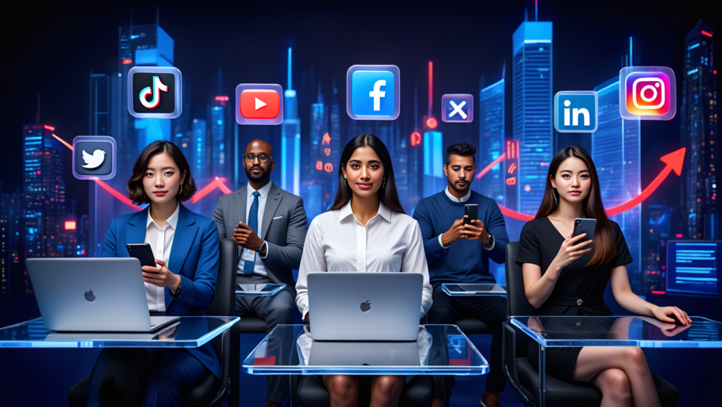 A futuristic digital dashboard featuring eight major social media platforms—Instagram, LinkedIn, TikTok, YouTube, Facebook, Pinterest, X (formerly Twitter), and Threads—each illustrated with unique icons and features like AR filters, AI analytics, shoppable videos, and community tools, representing their business potential in 2025.
